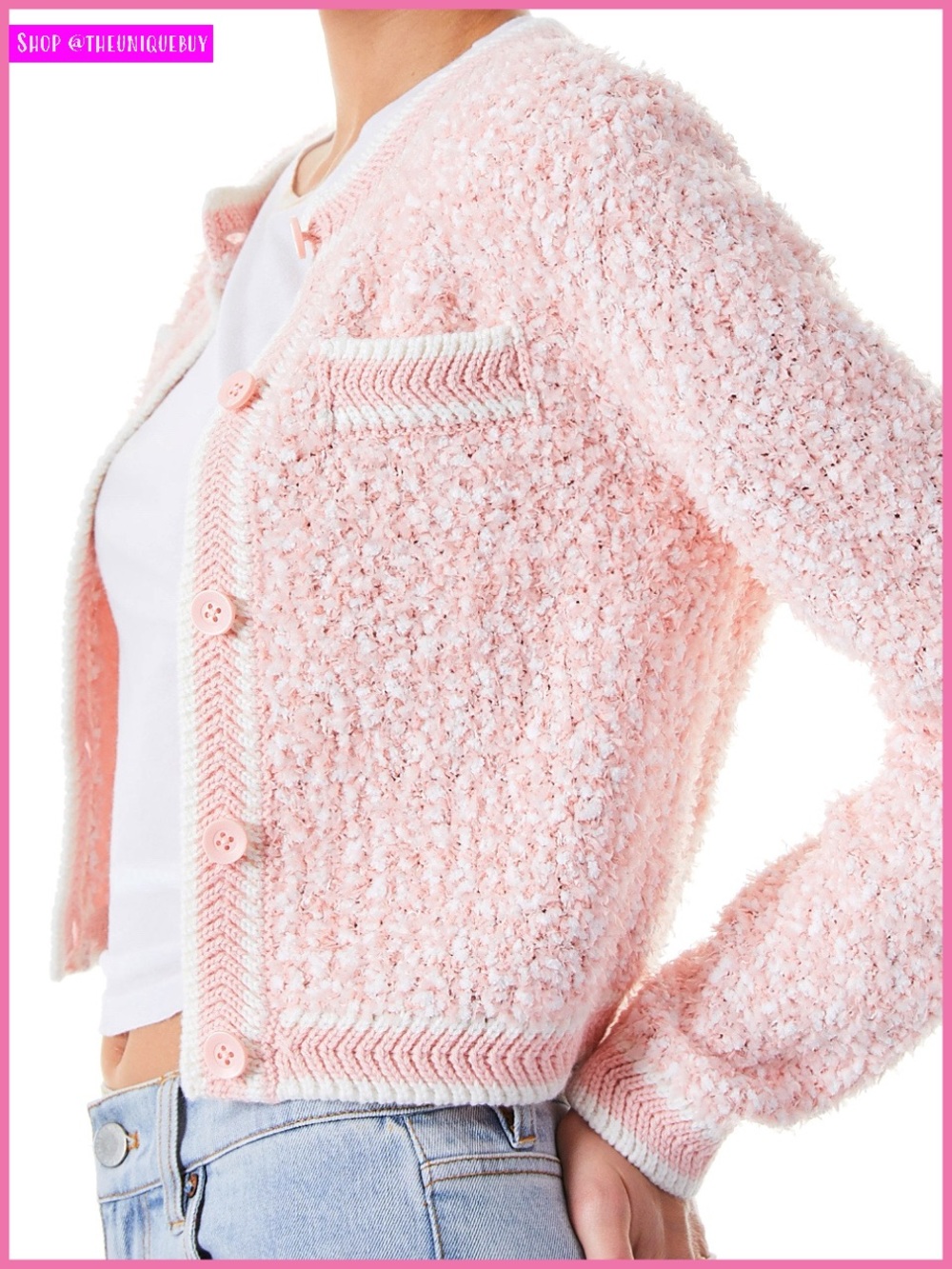 Alice + Olivia Noella Pink White Crew Neck Cropped Cardigan Sweater
